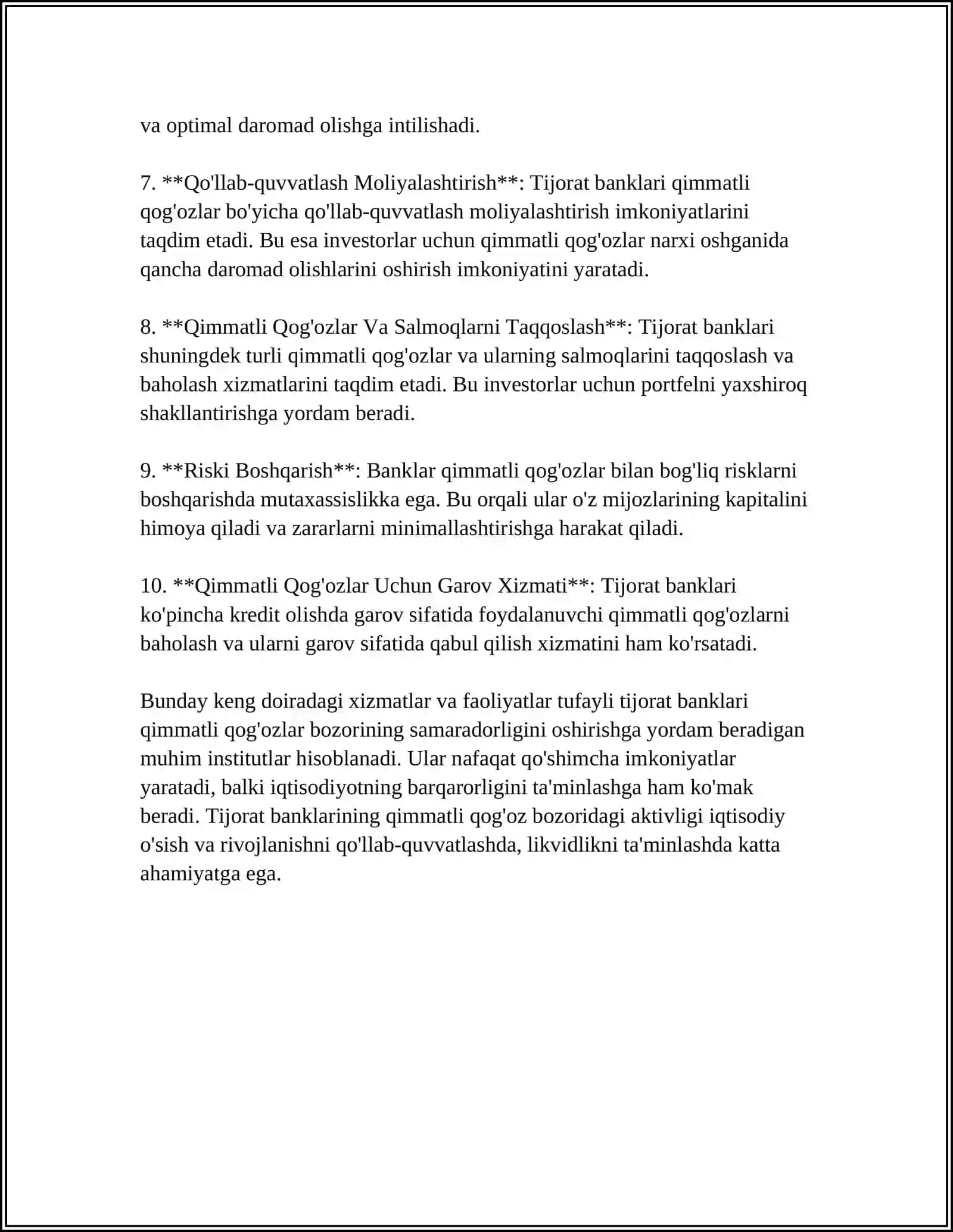 MUSTAQIL ISH Mavzu: TIJORAT BANKLARNING QIMMATLI QOG'OZLAR BILAN OPERATSIYALARI 4