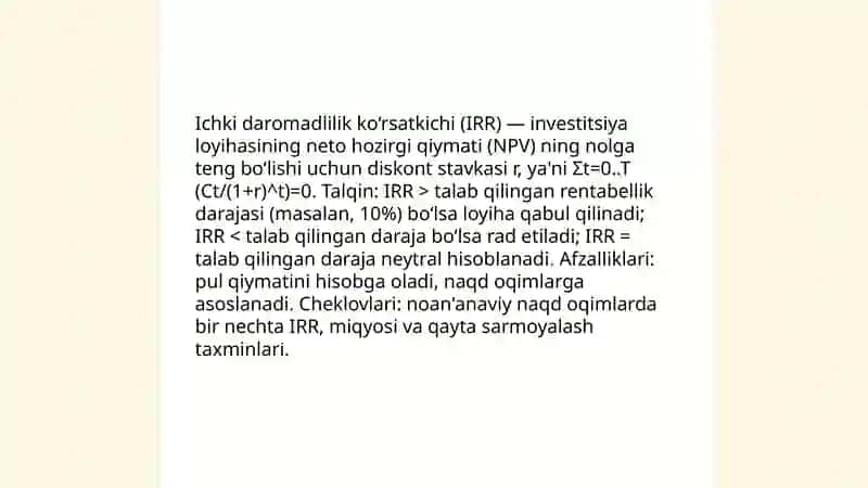 Investitsion loyihalarning iqtisodiy samaradorlik ko'rsatkichlari 4