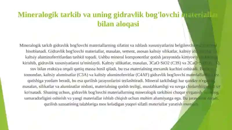 Sementning kimyoviy va mineralogik tarkibi.Gidravlik boglovchi materiallarning qotish nazariyasi 4