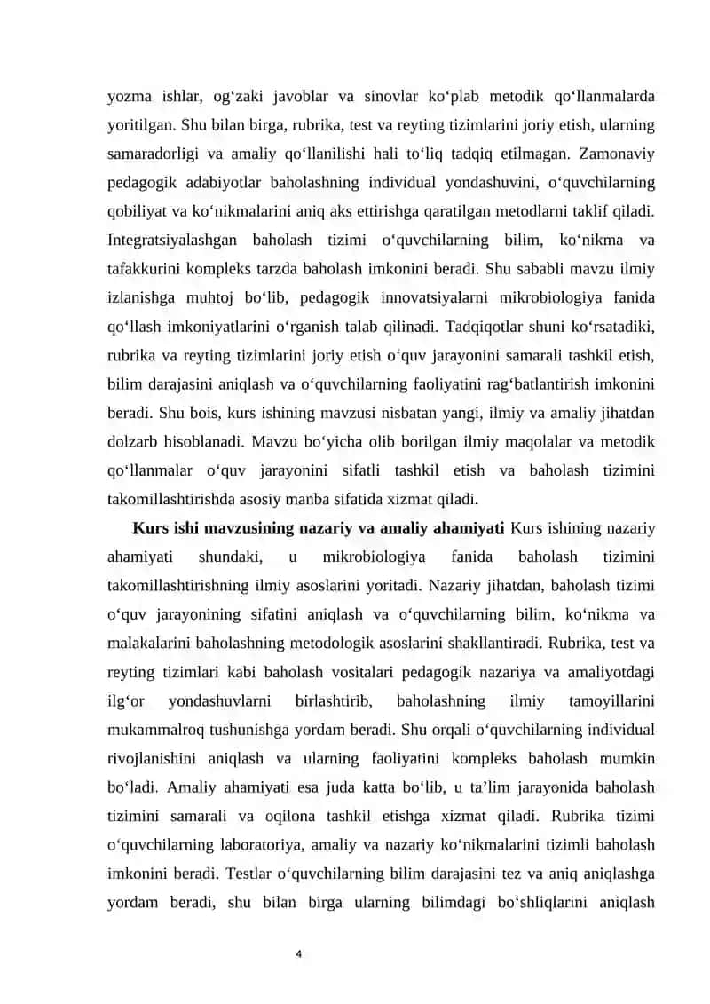 MIKROBIOLOGIYA FANIDAN BAHOLASH TIZIMINI TAKOMILLASHTIRISH (RUBRIKA, TEST, REYTING) 4
