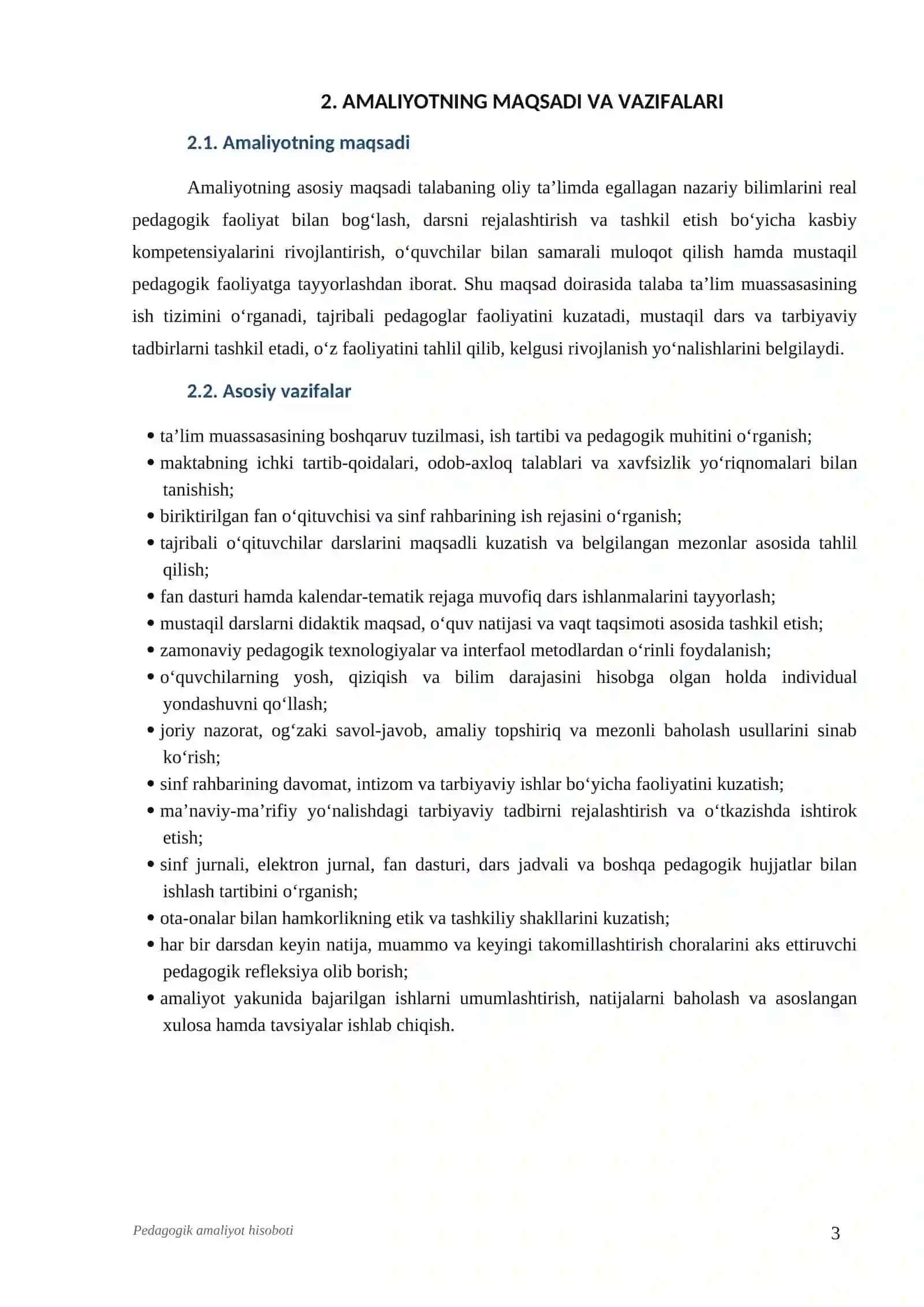 Pedagogik amaliyot hisoboti | Talabalar uchun tayyor Word namuna | DOCX 4