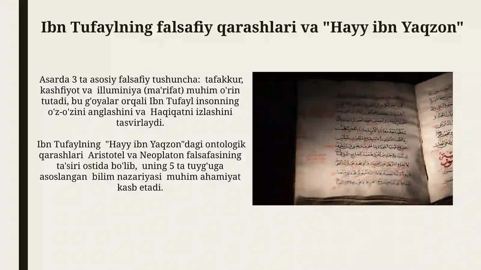 Hayy ibn Yaqzonning tabiat bilan munosabati va o'z-o'zini tarbiyalashi 4