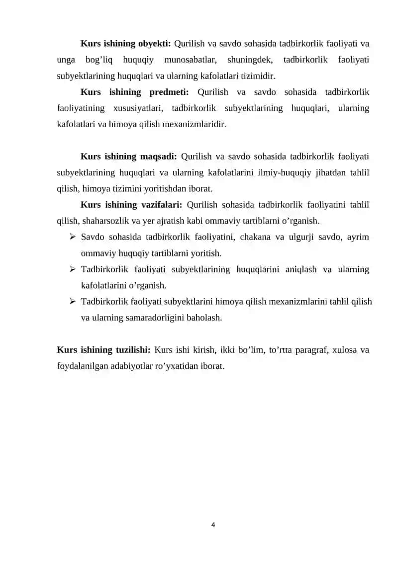 Qurilish va savdo sohalarida tadbirkorlik faoliyatini amalga oshiruvchi subyektlarning huquqlari va ularning kafolatlari 4