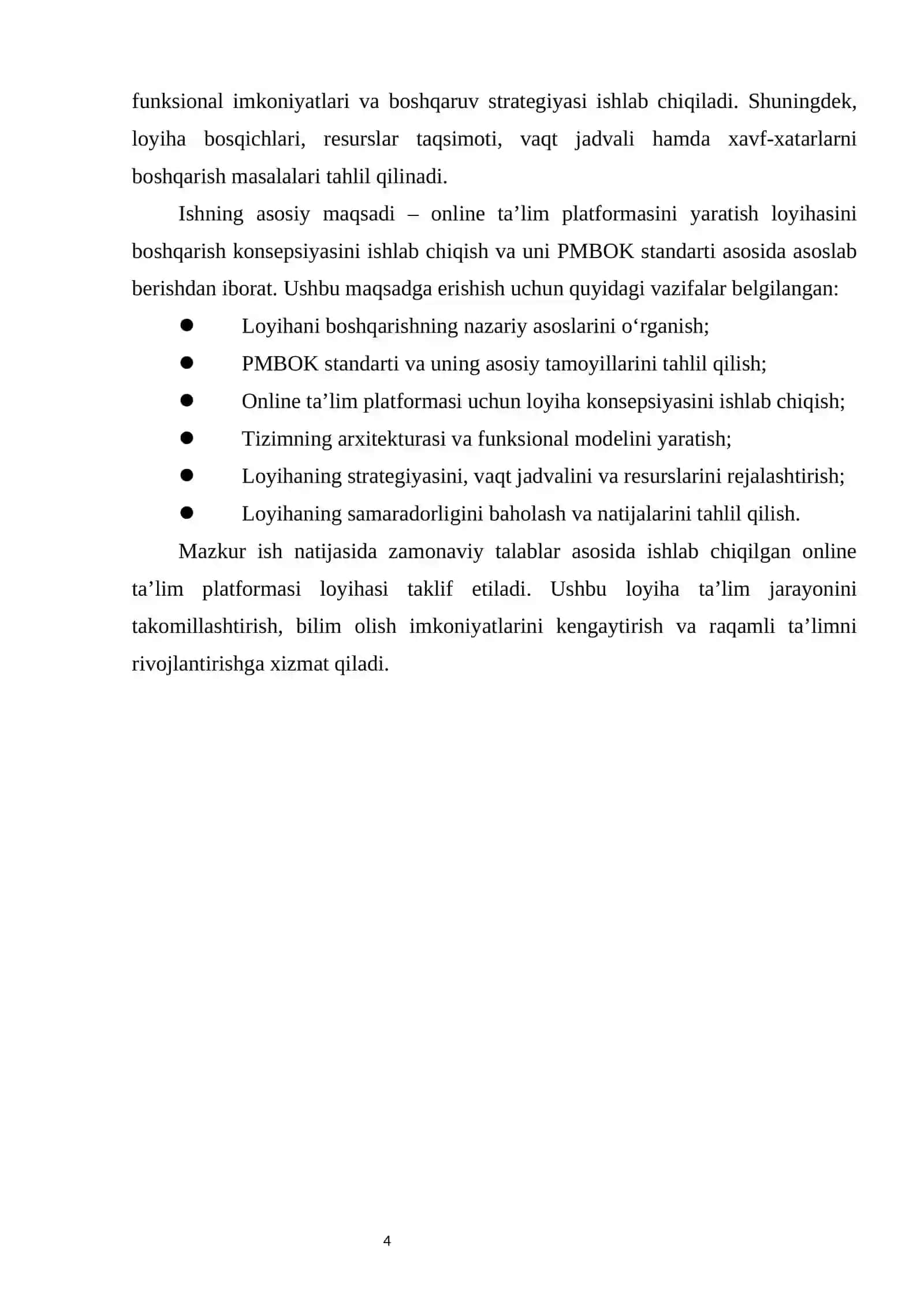 “Online ta’lim platformasini yaratish loyihasini boshqarish konsepsiyasi (PMBOK asosida)” 4