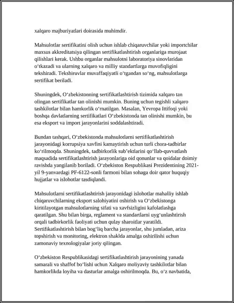 O‘ZBEKISTON HUDUDIGA OLIB KIRILAYOTGAN VA OLIB CHIQILAYOTGAN MAHSULOTLARNI SERTIFIKATLASHTIRISH 4