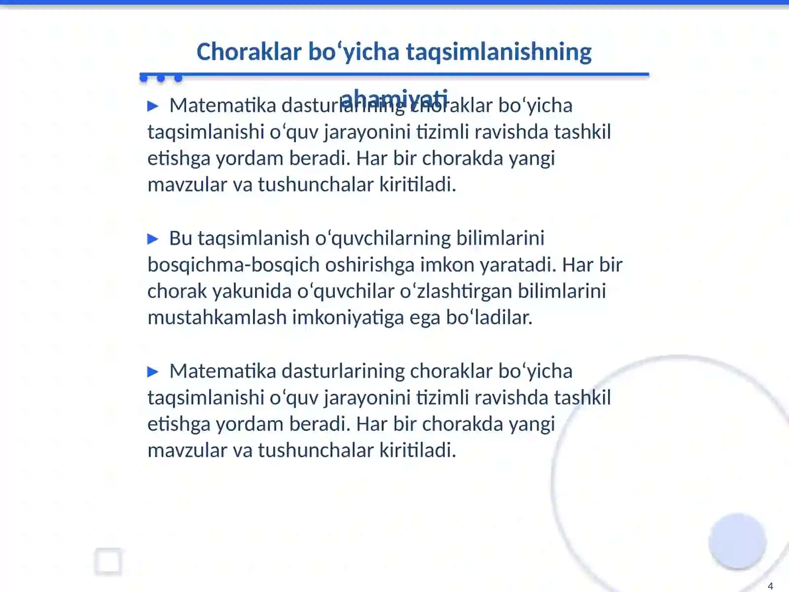 Ikkinchi sinf matematika dasturlari va materiallarning choraklar bo‘yicha joylashuvi umumiy tahlili 4