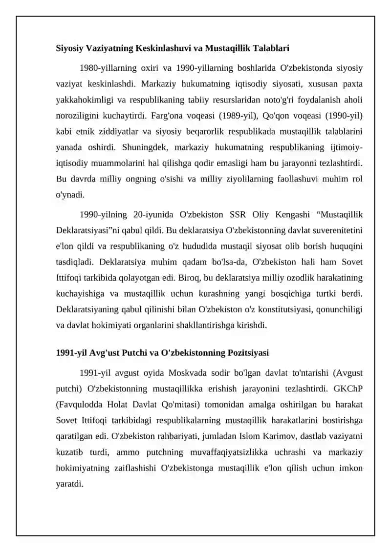 Mustaqil O'zbekiston Respublikasining tashkil topishi va uning tarixiy ahamiyati 4