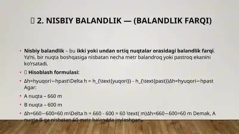 Nuqtalarning nisbiy balandligi va absalyut  balandliklarni aniqlash 4