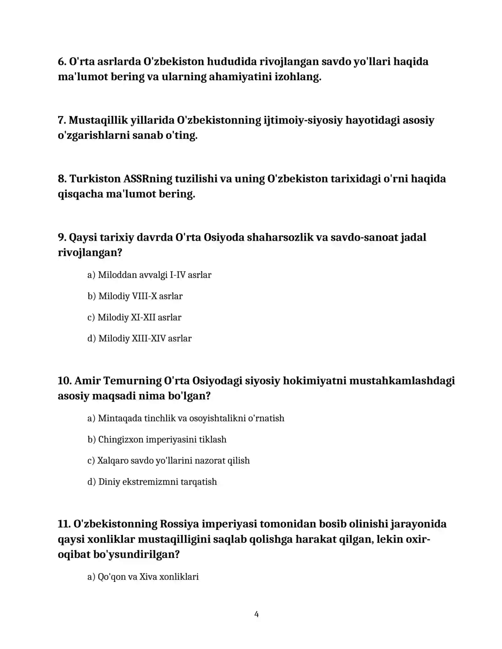O'ZBEKISTON TARIXI: MAJBURIY FAN BLOKI UCHUN MAXSUS TESTLAR (10-11-SINFLAR) 4