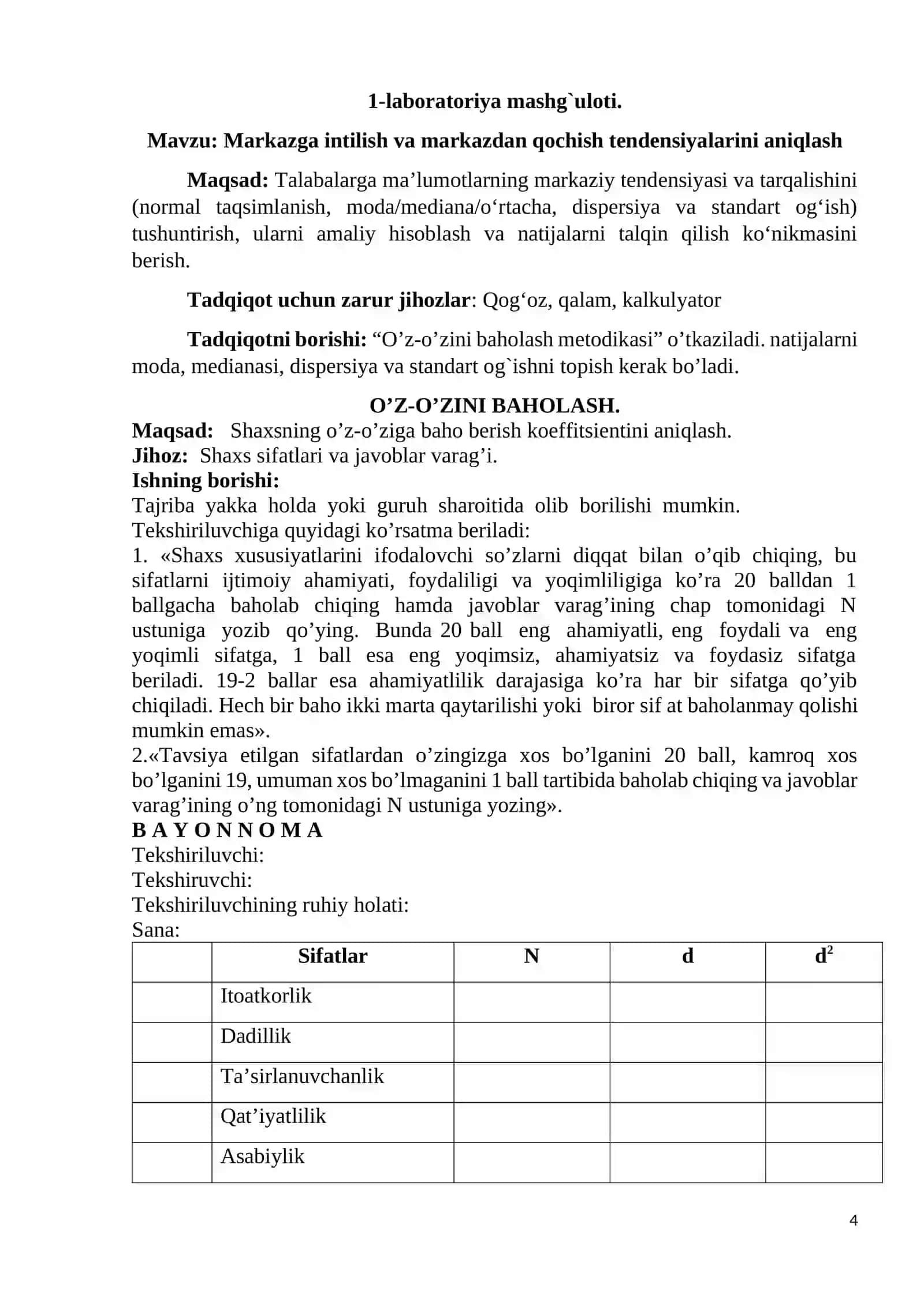 Psixologik tadqiqot ma`lumotlarini qayta ishlash metodlari va texnologiyalari fani bo’yicha laboratoriya mashg’ulotlar ishlanmasi 4