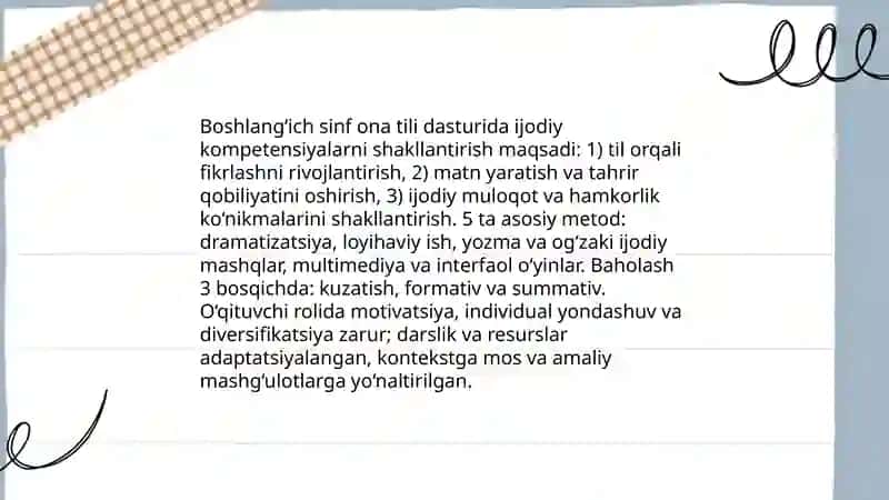 Boshlangʻich sinf ona tili DTS, dastur va darsliklarida kreativ yondashuv 4