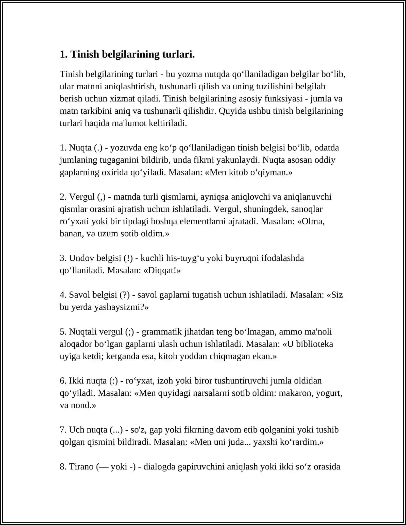 MAVZU: 1-4-SINF DARSLIKLARIDAGI TINISH BELGILARINING ISHLATILISHIGA OID MASHQLARNI TAHLIL QILISH 4