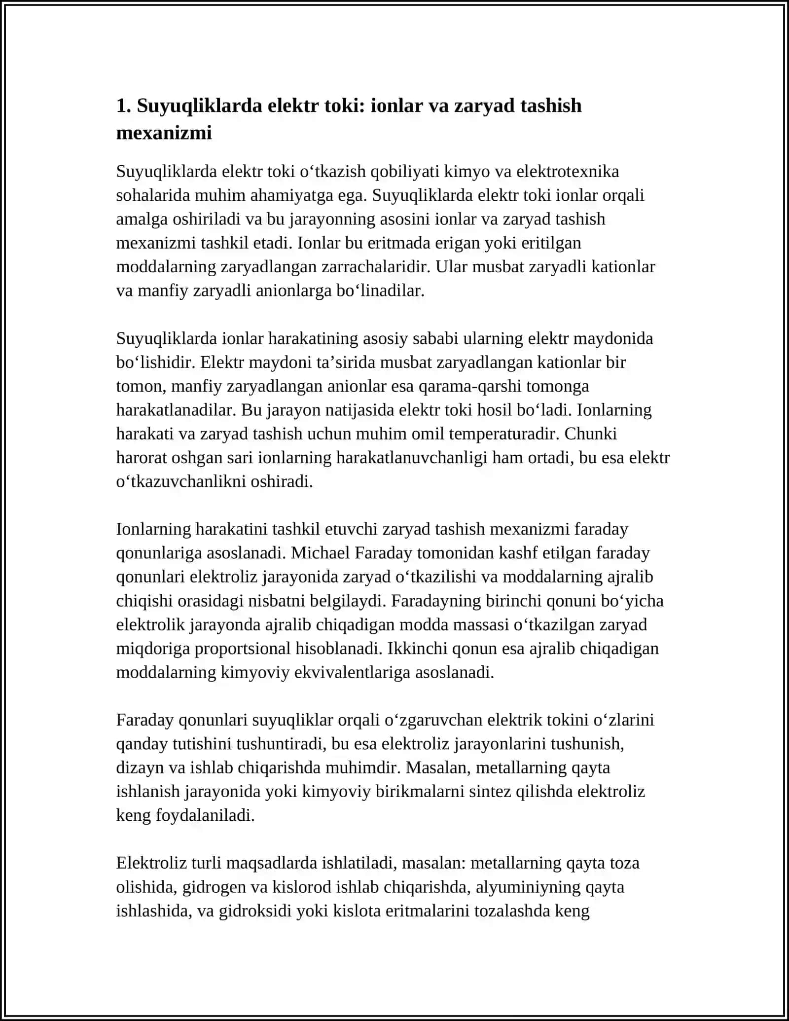 SUYUQLIKLARDA ELEKTR TOKI FARADEY QONUNLARI ELEKTROLIZ VA UNING QO‘LLANILISHI MAVZUSINI O'TISH METODLARI 4