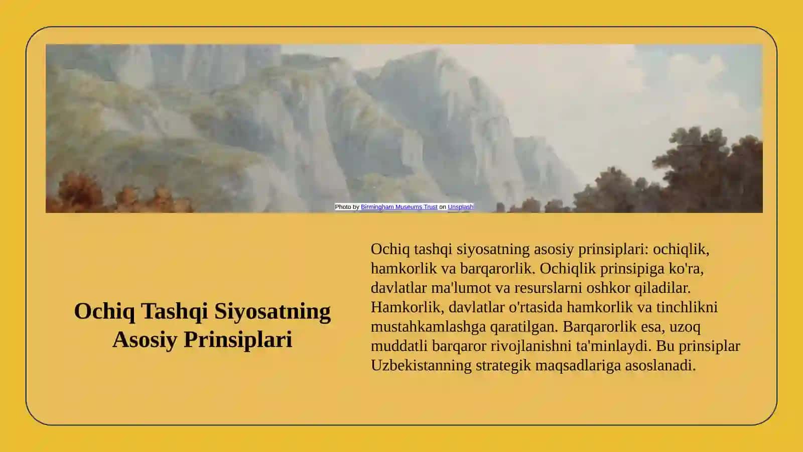 Ochiq tashqi siyosatning shakllanishi. O'zbekiston Respublikasining jahon hamjamiyatidagi o'rni 4