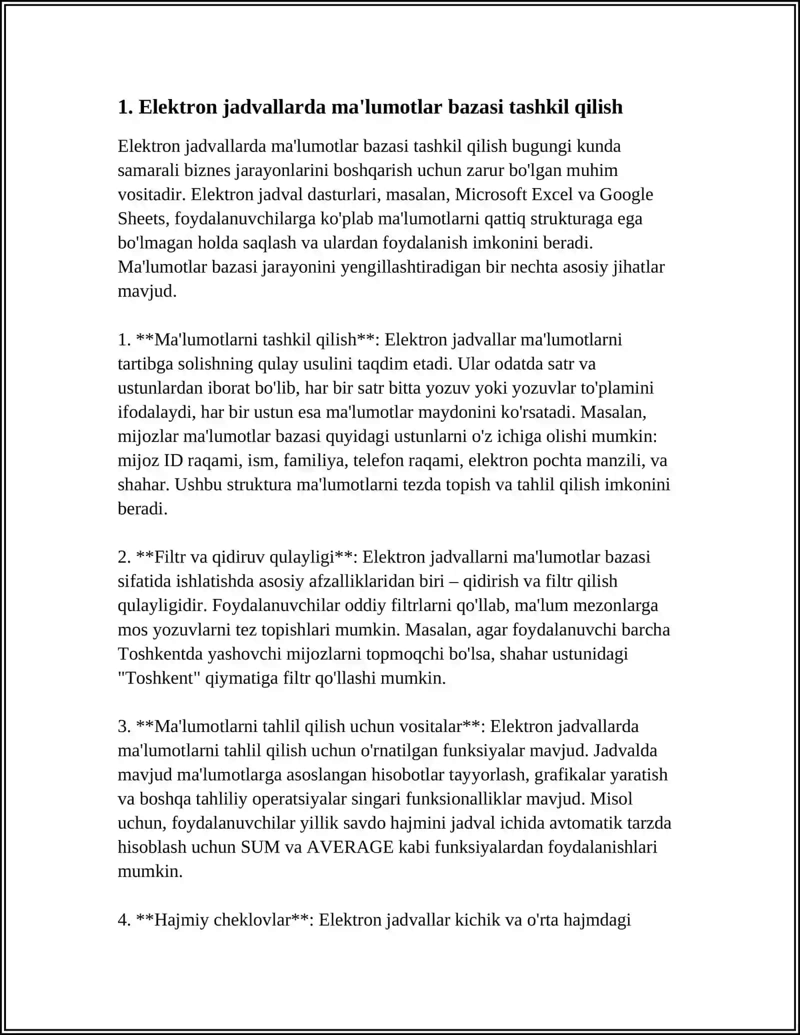 SPREADSHEET DASTURIY TAʼMINOTIDA MAʼLUMOTLAR BAZASI TAYYORLASH VA UNGA AVTOMATIK FILTIRLARNI O'RNATISH 4