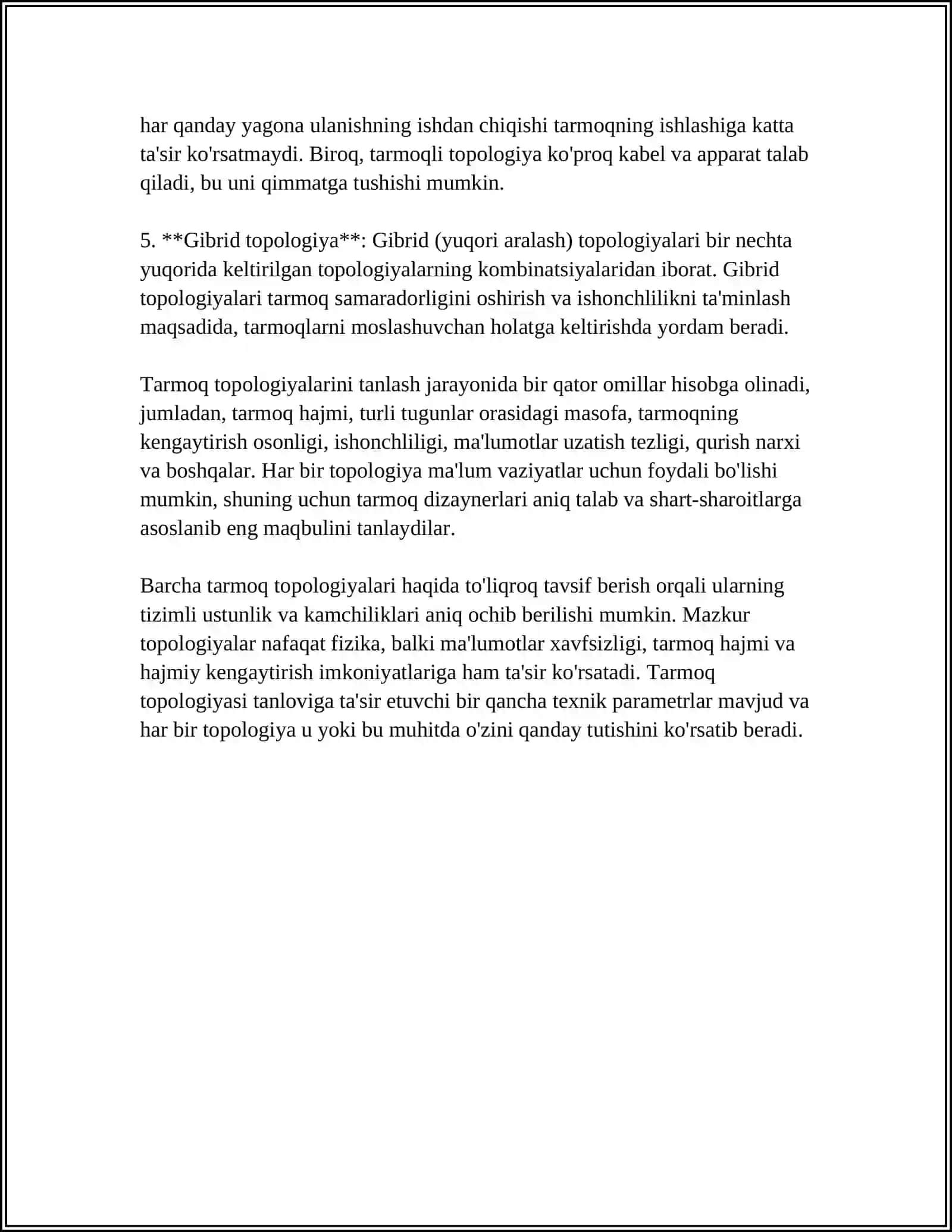 TARMOQ TOPOLOGIYASI.LOKAL TARMOQ ORQALI AXBOROTLAR ALMASHISH 4