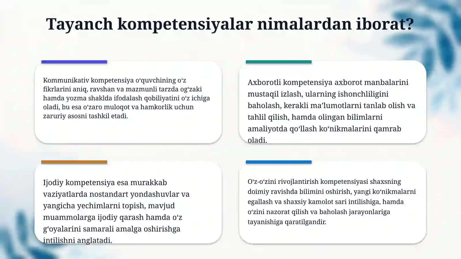 Matematika fani orqali o‘quvchilarda tayanch kompetensiyalarni rivojlantirish bo‘yicha ishlab chiqilgan tavsiyalar. Sinflar kesimida tayanch kompetensiyalarni shakllantirishga qaratilgan masalalar. 4
