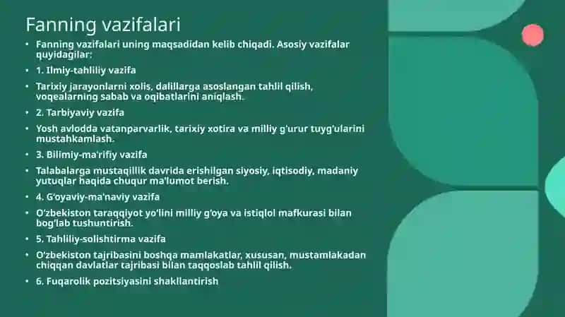 KIRISH. OʻZBEKISTONNING ENG YANGI TARIXI O'QUV FANINING PREDMETI, MAQSADI VA VAZIFALARI, NAZARIY-METODOLOGIK TAMOYILLARI 4