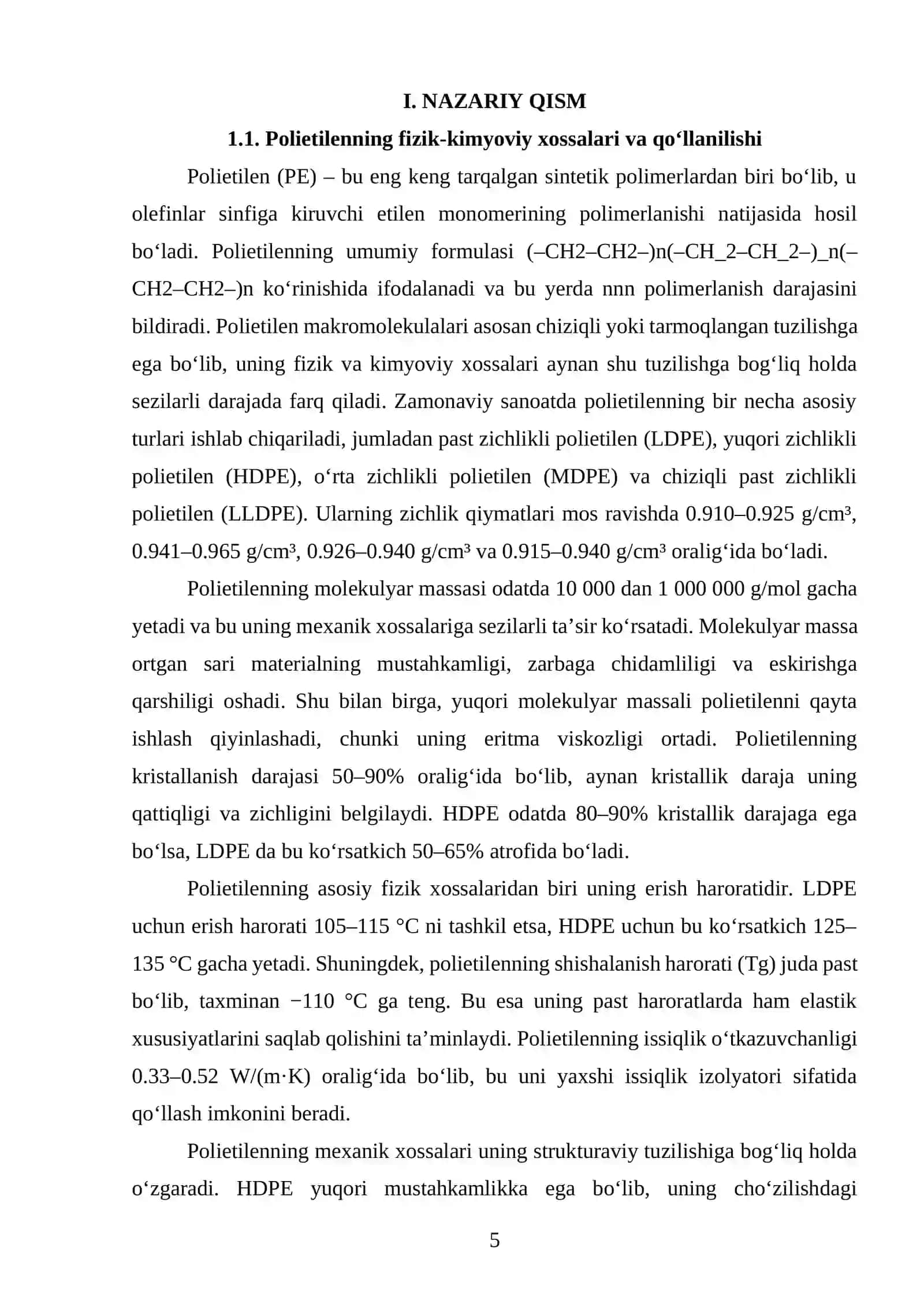 SKLERTEK texnologiyasi boʻyicha quvvati 30 t/sutka boʻlgan oʻrta bosimli polietilen (UBPE) ishlab chiqarish texnologik liniyasini loyihalash 4