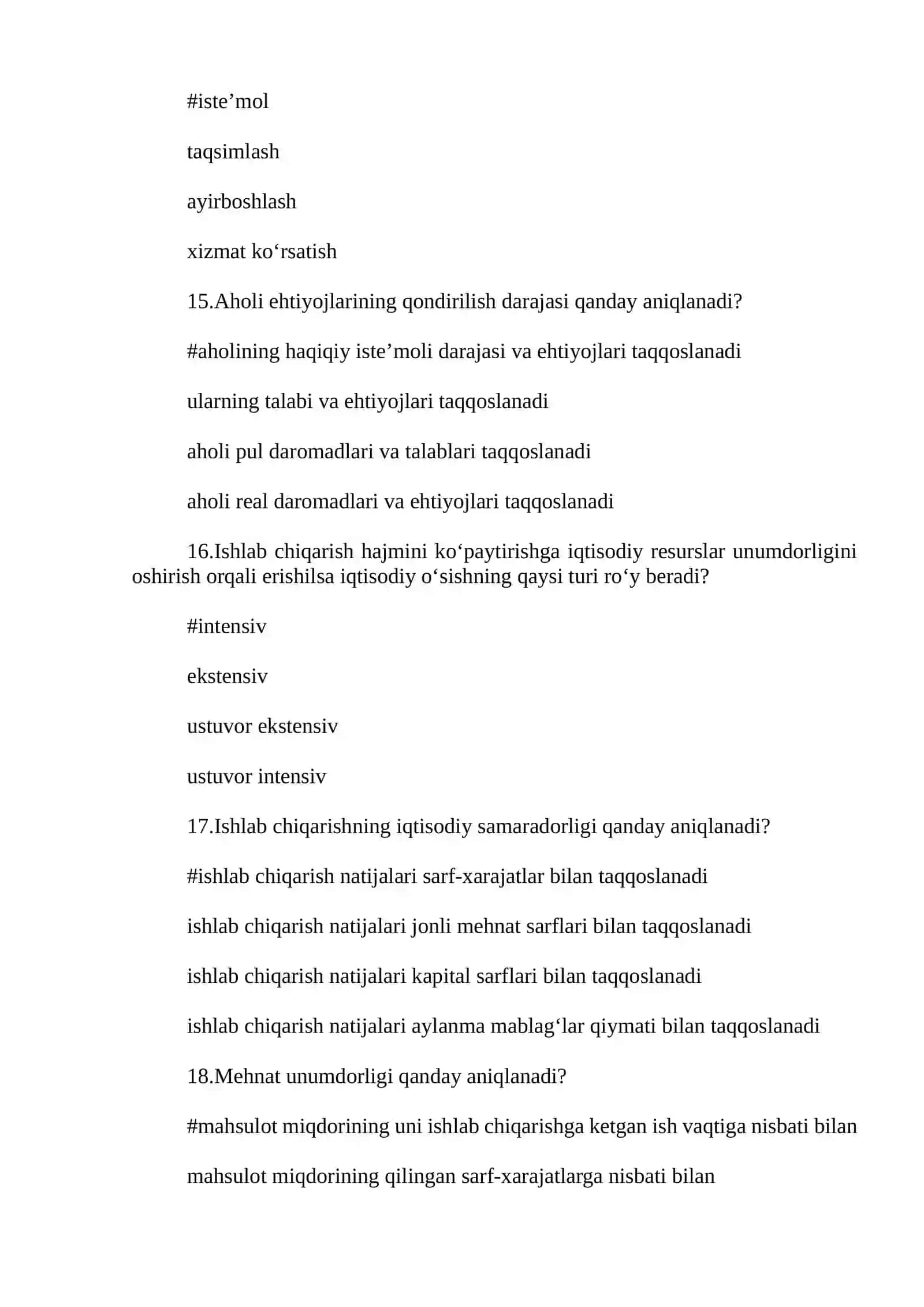 Iqtisodiyot nazariyasi 2 fanidan sessiya savol javoblari tes 4