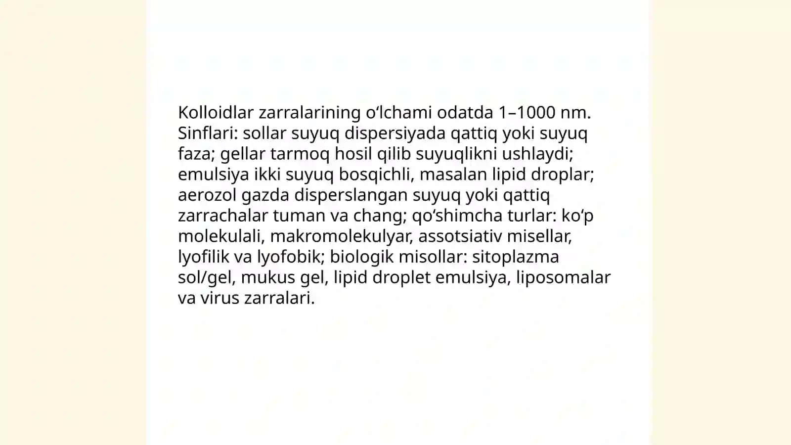 Biologik jarayonlardagi kolloid eritmalar:sinflanishi tuzilishi olinishi va tozalash usullari 4