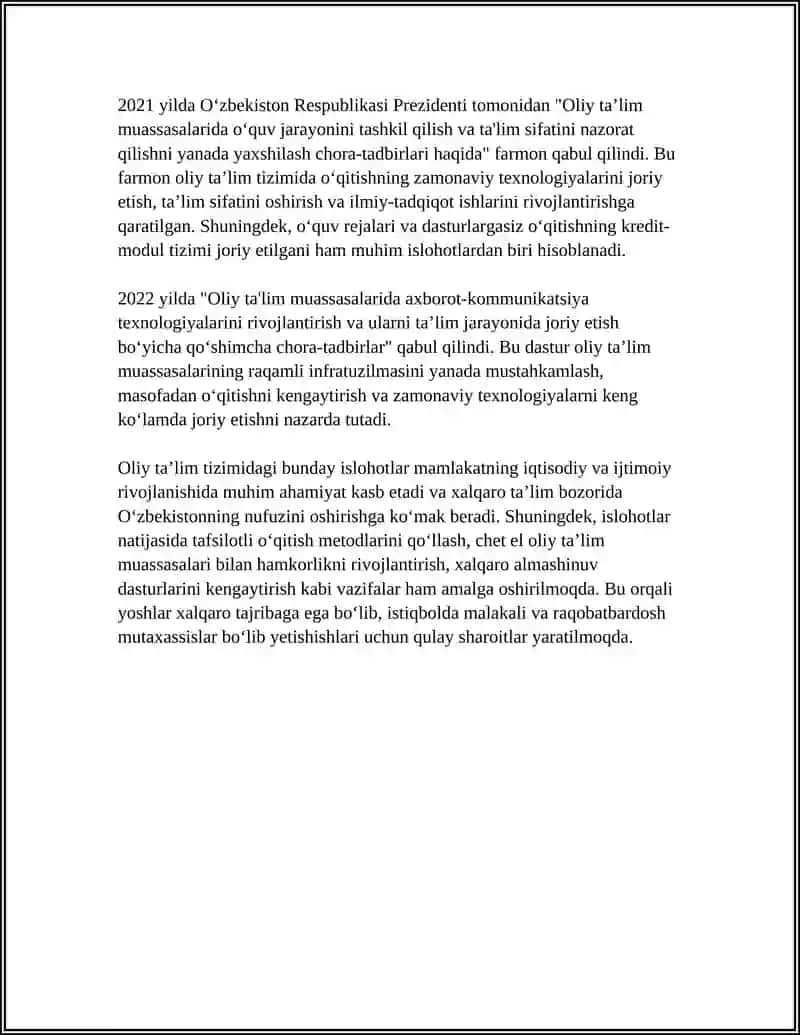 O‘ZBEKISTONDA OLIY TAʼLIM SOHASIDA OLIB BORILGAN ISLOHOTLAR VA UNING ISTIQBOLLARI 4