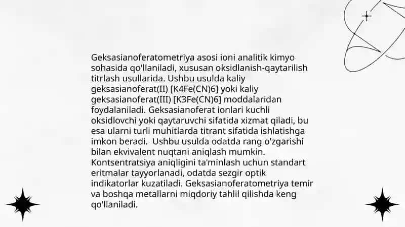 Cho‘ktirish usulining geksasianoferatometriya va sulfatometriya titrlash usullari 4