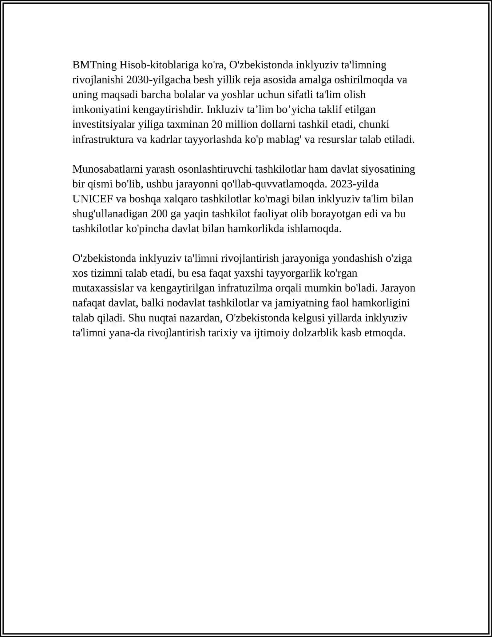 OʻZBEKISTONDA INKLYUZIV TAʼLIMNING MEʼYORIY HUQUQIY BAZASINI TASHKIL ETISH 4