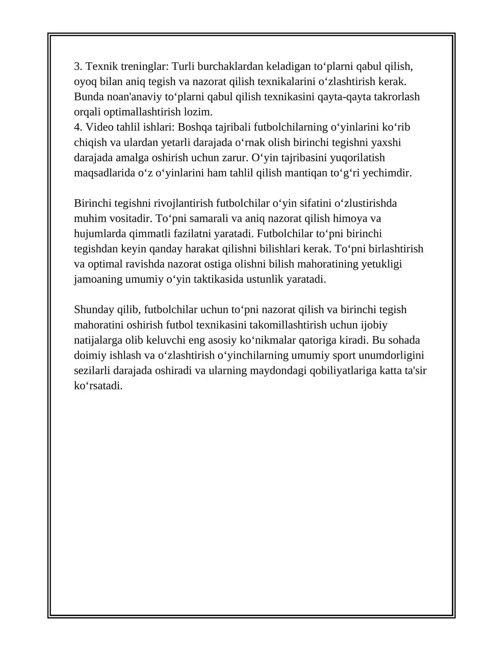 FUTBOL O'YINIDASHUG'ULLANUVCHILARNINGO'YIN TEXNIKASINITAKOMILLASHTIRISH VAMAHORATINI OSHIRISH 4