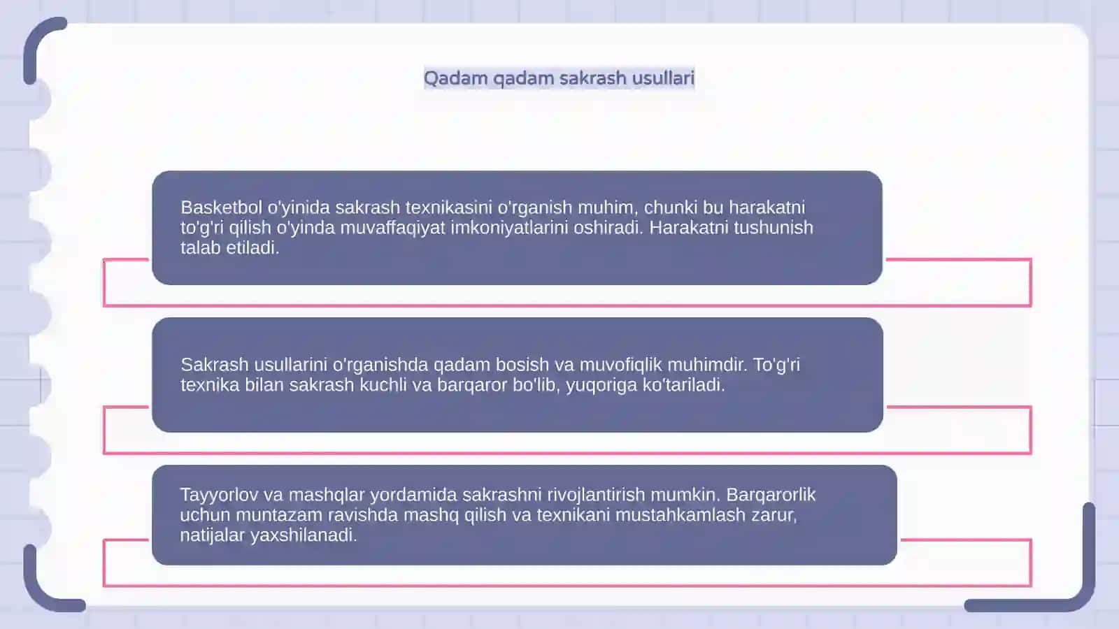 Basketbol o'yinida harakatlanish texnikasini o'rgatish (sakrash) 4