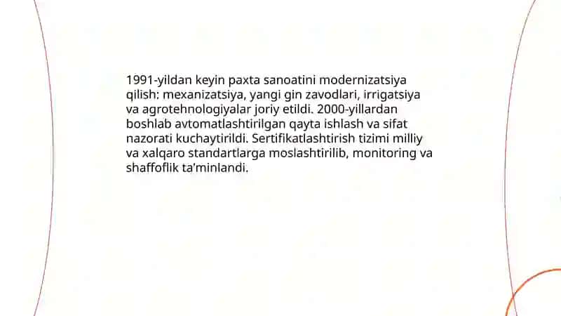 Oʻzbekistonda Mustaqillik yillarida qishloq xo’jaligi va sanoat sohasidagi o’zgarishlar 4