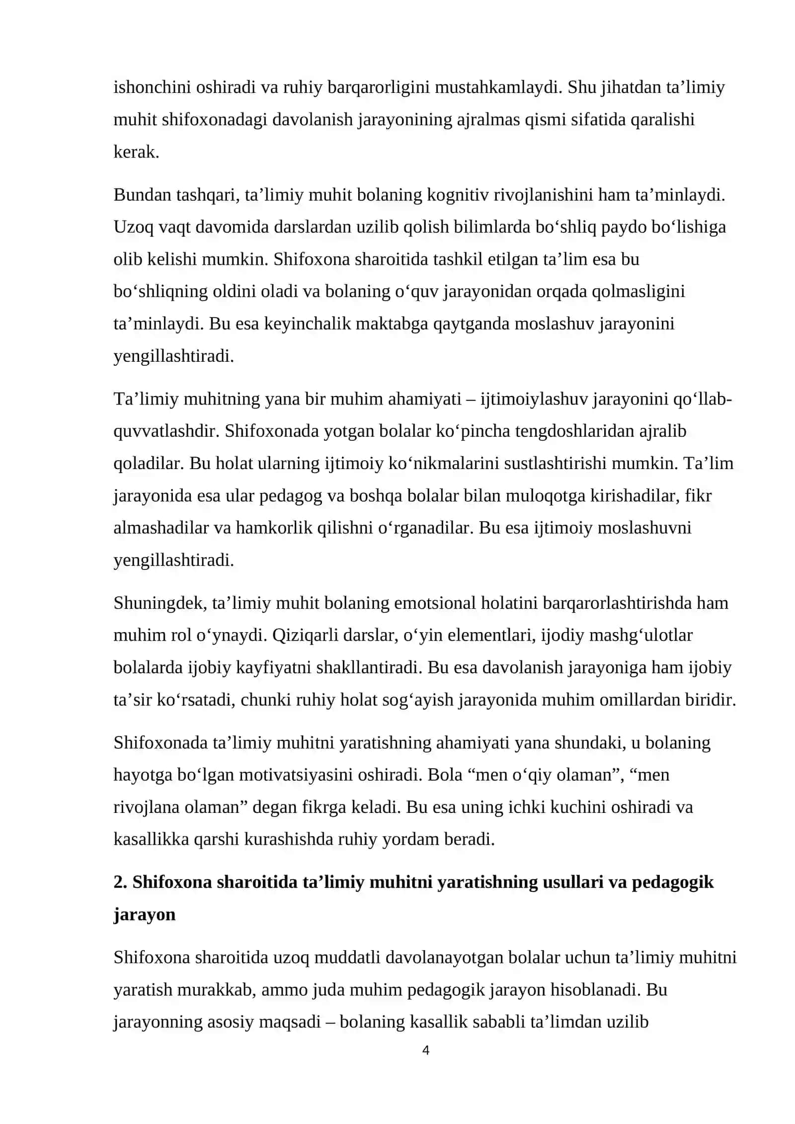 Shifoxonada uzoq muddatli davolanayotgan bolalar uchun ta’limiy muhitni yaratishning o’ziga xos hususiyaslari 4