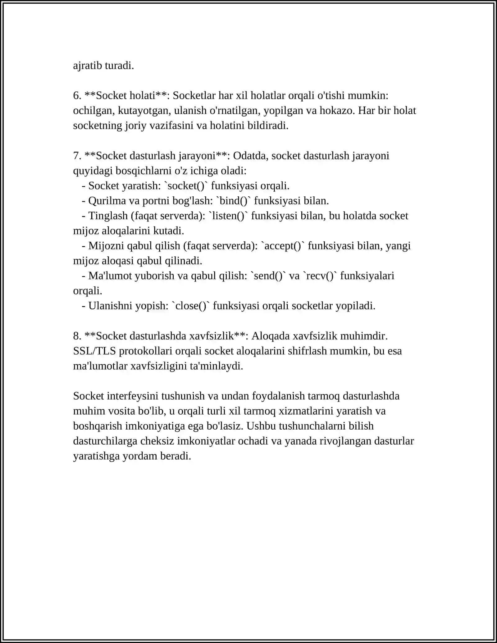 MUSTAQIL ISH Mavzu: SOCKET-INTERFEYS. MA'LUMOT ALMASHISH VAZIFALARI. SOCKET INTERFEYSIDAN FOYDALANISHGA MISOL 4