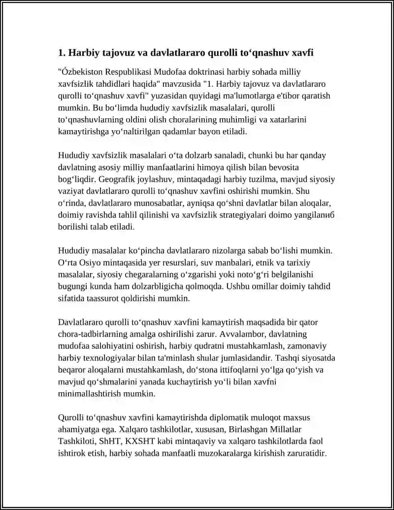 ÓZBEKISTON RESPUBLIKASI MUDOFAA DAKRINASI HARBIY SOHADA MILLIY XAVSIZLIKKA ASOSIY TAHDIDLAR HAQIDA 4