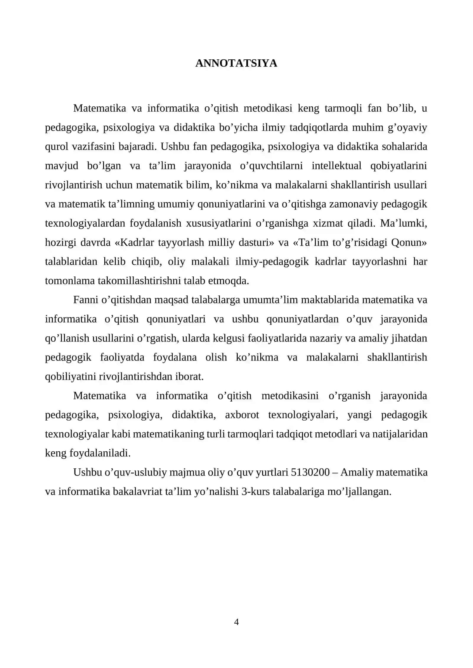 MATEMATIKA VA INFORMATIKA O’QITISH METODIKASI 4