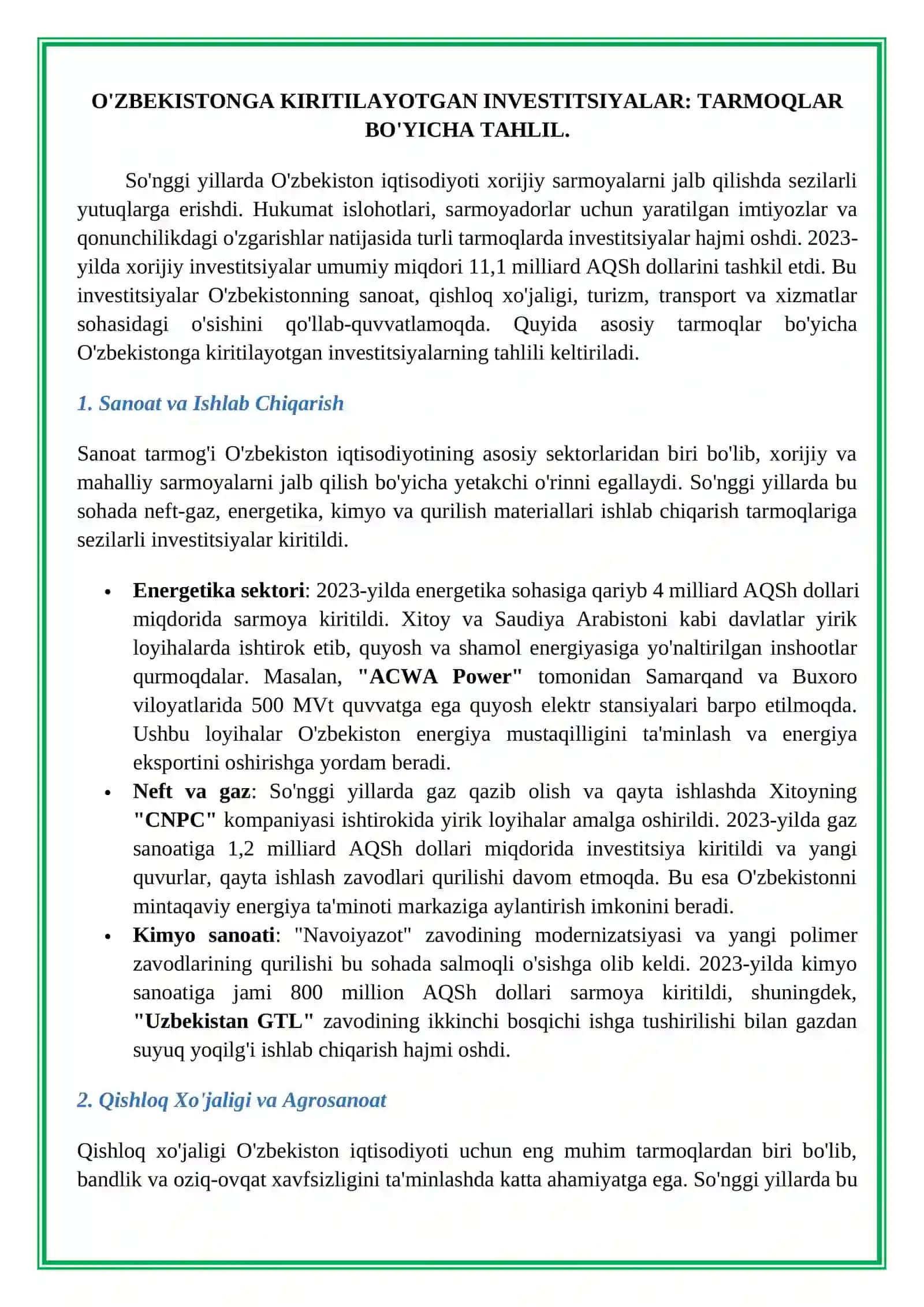 O`ZBEKISTONGA KIRITILAYOTGAN INVESTSITSIYALARNING TARMOQLAR VA HUDUDIY TARKIBI 4