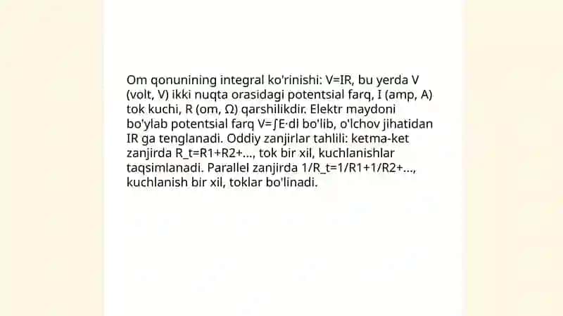 O'zgarmas tok qonunlari. Om va Joul lens qonunlarining integral va differensiyasi ko'rinishi 4