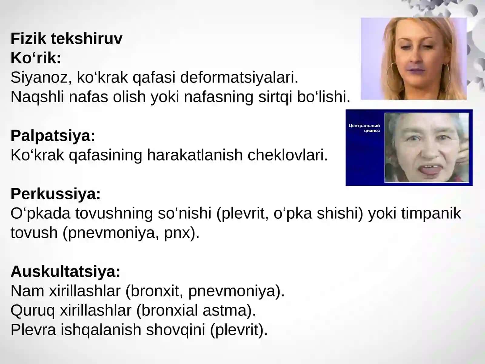 Nafas olish tizimi kasalliklarining klinik ko’rinishlarini algoritmik yondashuv asosida differensial diagnostikasi: hansirash, yo’tal, ko’krak qafasida og’riq, qon tuflash, sianoz 4