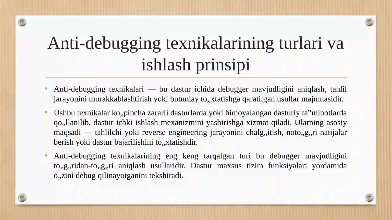 ANTI-DEBAGGERLASH TEXNIKALARINI ANIQLASH, TAHLIL QILISH VA BARTARAF ETISH USULLARI. 4