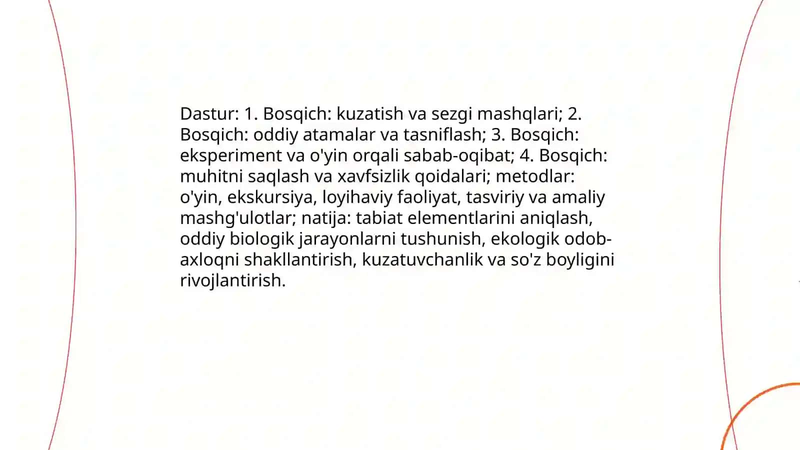 Ilk qadam davlat dasturida tabiat bilan tanishtirish mazmuni 4
