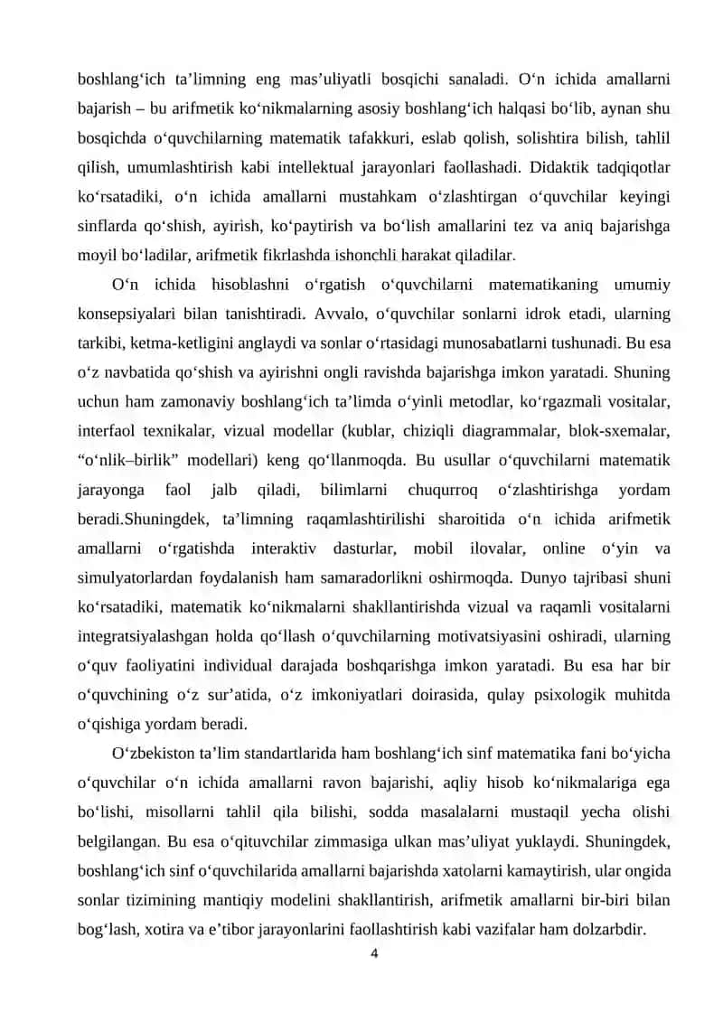 O'N ICHIDA ARIFMETIK AMALLAR BAJARISH METODLARIDAN FOYDALANISH 4