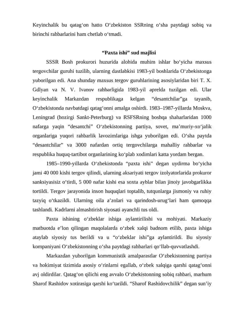 XX asr 80-yillari o'rtalarida O'zbekistonda qatag'onlik siyosatining yangi bosqichi Paxta ishi 4