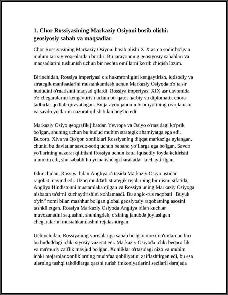 OʻRTA OSIYONING CHOR ROSSIYASI TOMONIDAN ISTILO QILINISHI VA CHOR ISTILOSIGA QARSHI MILLIY OZODLIK KURASHLARI GEOGRAFIYASI 4