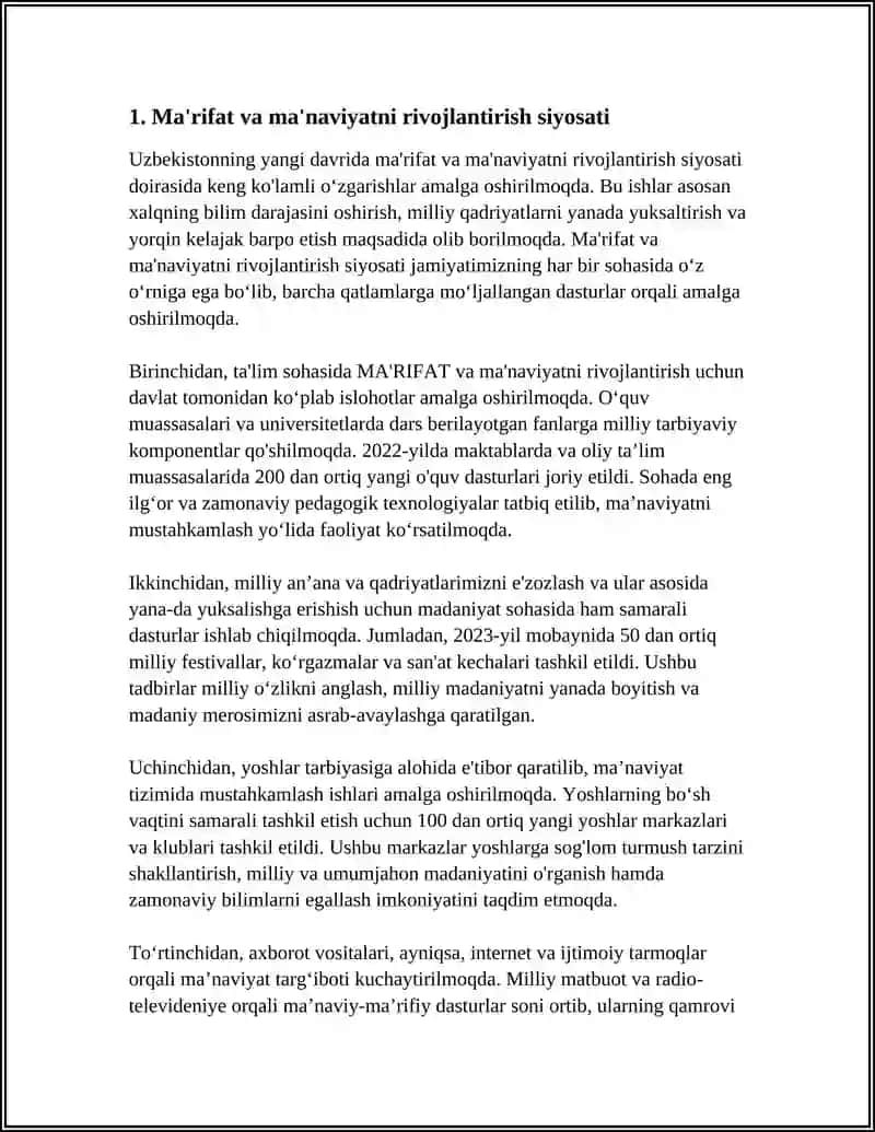 YANGI O'ZBEKISTONDA AMALGA OSHIRILAYOTGAN MA'NAVIY O'ZGARISHLAR 4