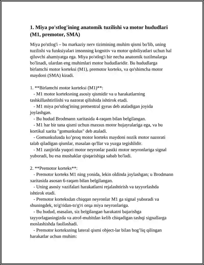 Miya po'stlog'ining anatomik tuzilishi va motor hududlari (M1, premotor, SMA) 4