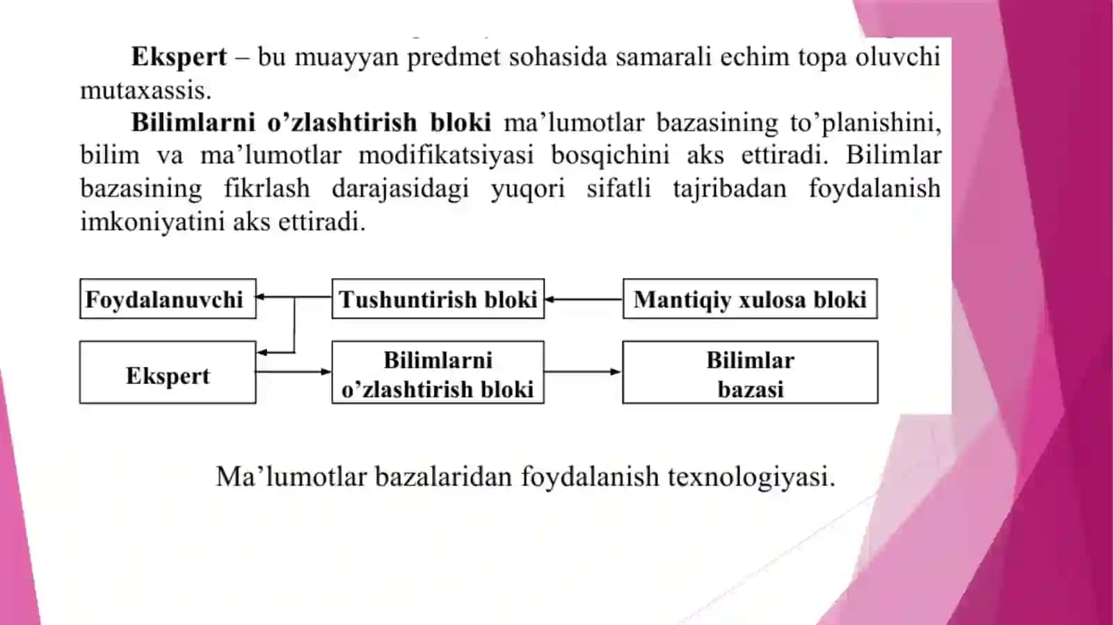 Ekspert tizimlar haqida asosiy tushuncha ekspert tizimlarining farqlash xususiyatlari.. 4