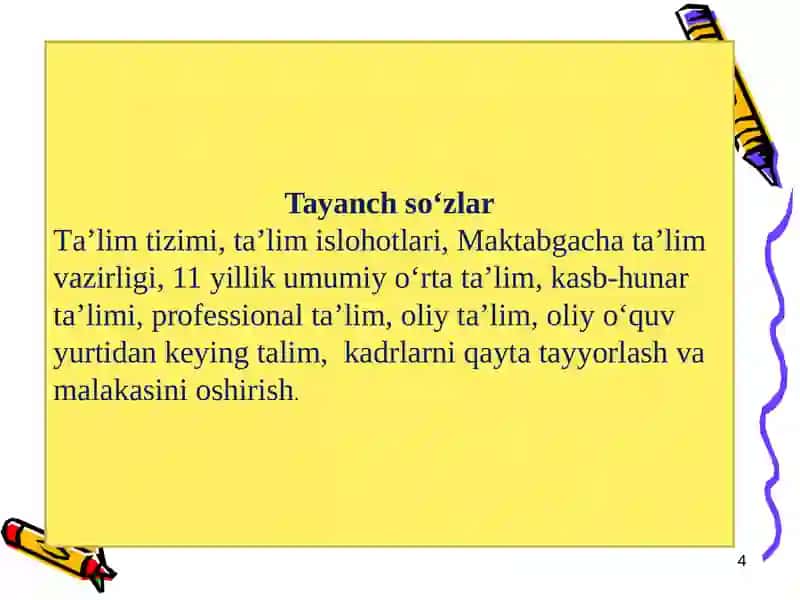 O‘zbekistonda ta’lim tizimi. Hozirgi davrda o‘qituvchilik kasbi va uning jamiyatda tutgan o‘rni. 4