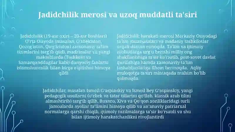Jadid maʼrifatparvarlarning oʻlka ijtimoiy manaviy hayotida tutgan oʻrni 4