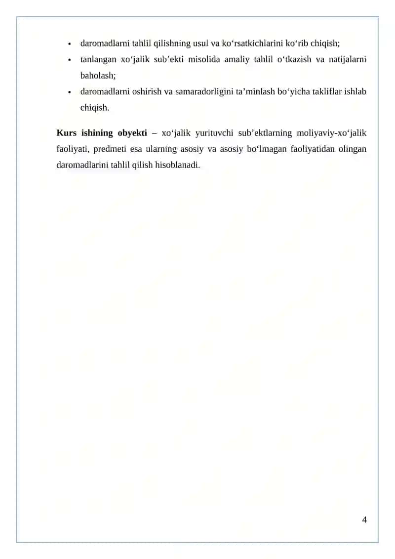 Xo‘jalik yurituvchi sub’ektning asosiy va asosiy bo‘lmagan faoliyatidan olingan daromadlari tahlili 4