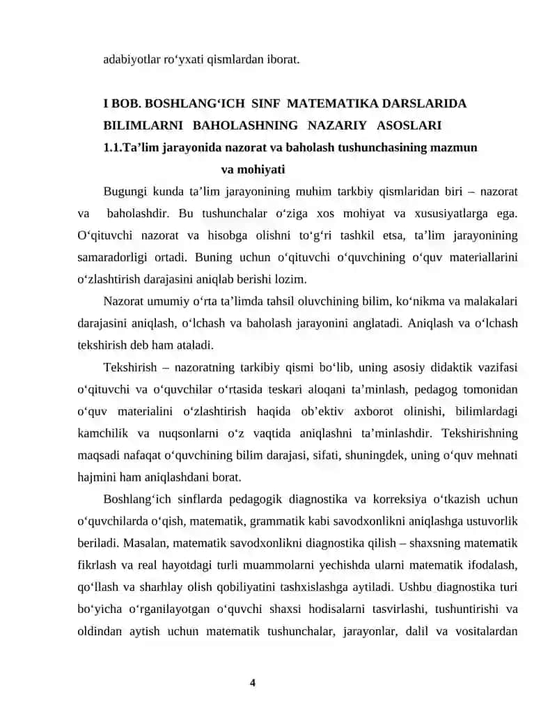 BOB. BOSHLANG‘ICH SINF MATEMATIKA DARSLARIDA BILIMLARNI BAHOLASHNING NAZARIY ASOSLARI 4